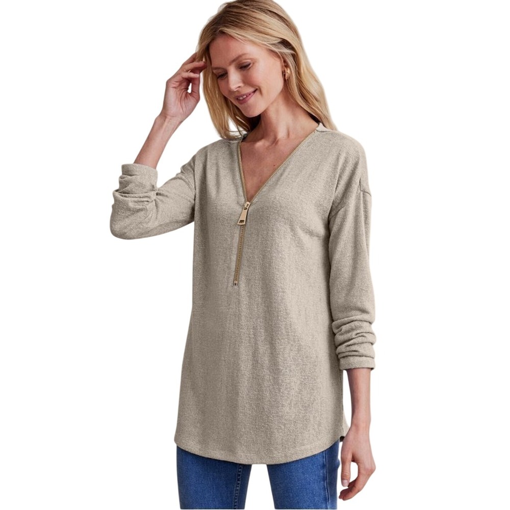 Soft Surroundings Valentina Gold‎ Zipper Sweater Stone Beige Size Medium